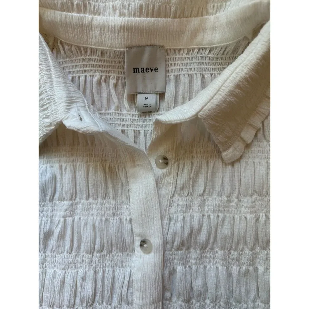 Maeve Smocked Button-Front Top Vanilla White Medium